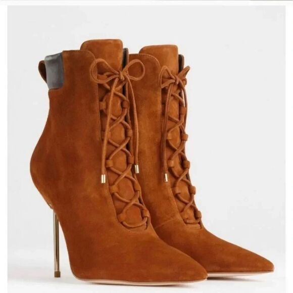 NEW Good American Scandal Lace Up Stiletto Booties Tobacco Cognac - Picture 2 of 4